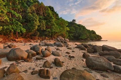 Tropical beach at sunset. Stock Photos