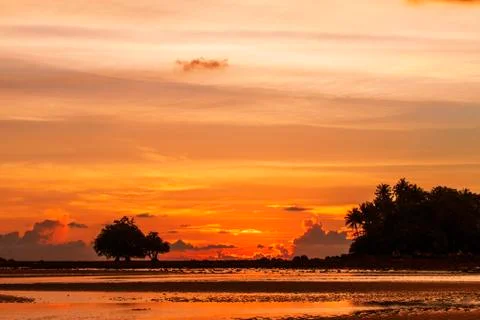 Tropical beach in sunset Stock Photos