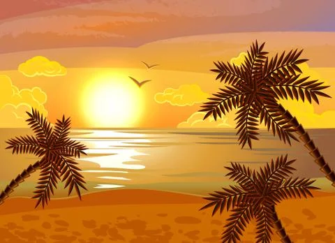 Tropical beach sunset poster Stock Illustration