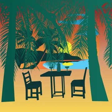 Tropical beach at sunset. Sunset View Poster. Stock Illustration