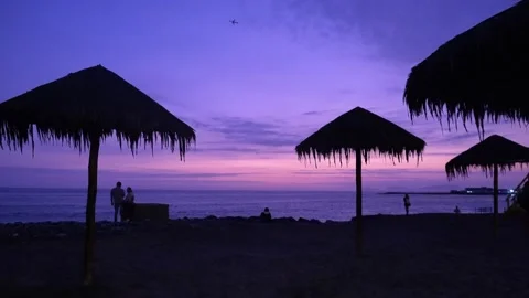Tropical Beach Sunset with Thatched Umbrellas and Silhouetted People Stock Footage 333018770