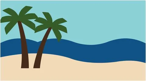 Tropical beach with two palm trees and ocean waves, holiday destination Ilustração Stock