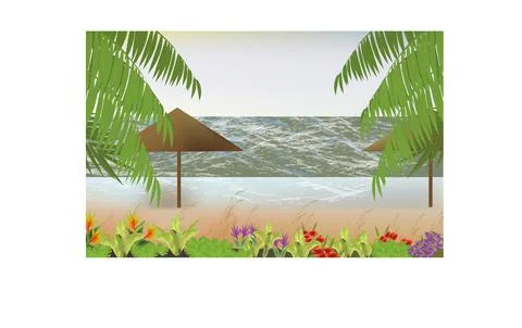 TROPICAL BEACH WITH UMBRELLAS Stock Illustration