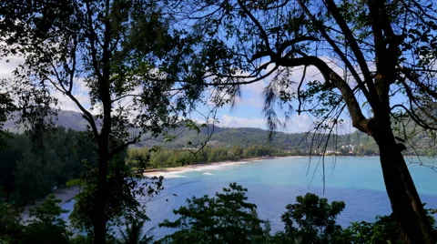 Tropical beach viewpoint through trees and bushes Stock Footage 56444593
