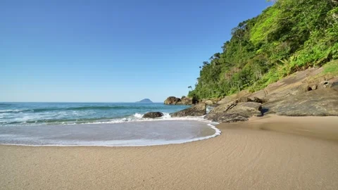 Tropical Beach Waves on Sandy Shore Beside Forested Cliffs Vidéo 342814863