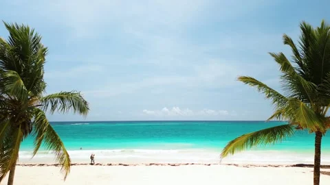 Tropical beach with white sand and turquoise ocean waves. Palm trees frame view 動画素材 278706318