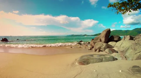 Tropical beach without people. Rocks and yellow sand. Thailand, Phuket Stock Footage 48337175