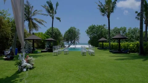 Tropical Beachfront Villa Wedding Setup with Ocean View, Celebration in Paradise Stock Footage 312377447