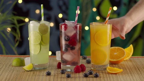 Tropical Beverages Placed on Table in Bar Stock Footage 141544880