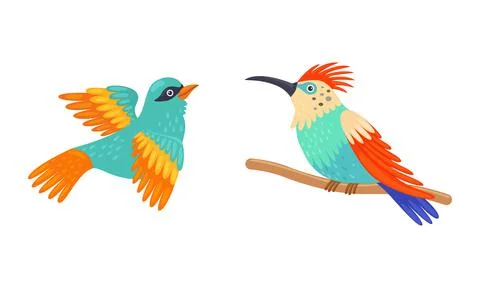 Tropical Bird with Bright Feathers Sitting on Tree Branch Vector Set イラスト素材