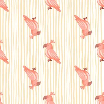 Tropical bird seamless pattern with doodle pink parrots print. Striped pastel Stock Illustration