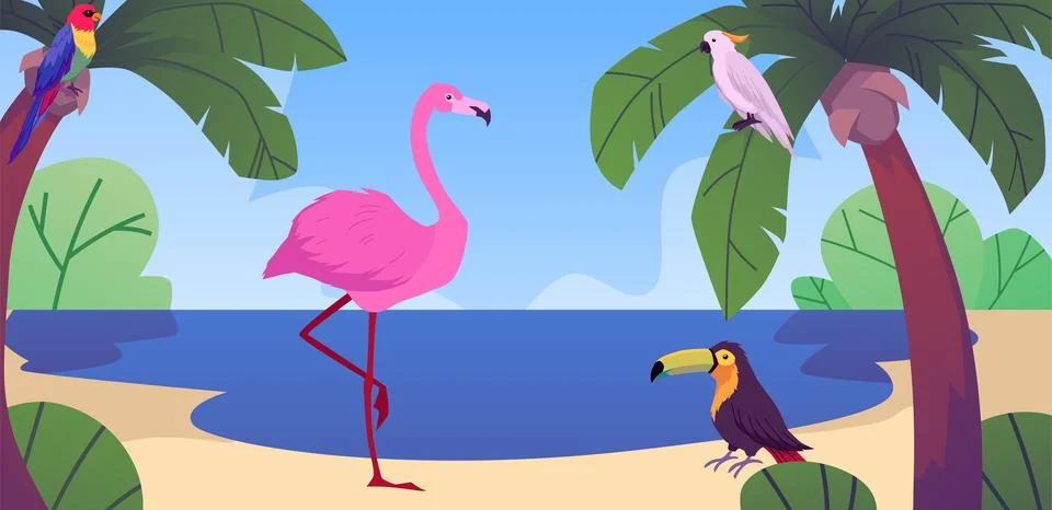 Tropical birds in landscape, palms and lake, cartoon vector illustration 스톡 일러스트