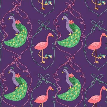 Tropical birds pattern peacock and flamingo, frog and orchid flowers. Stock Illustration