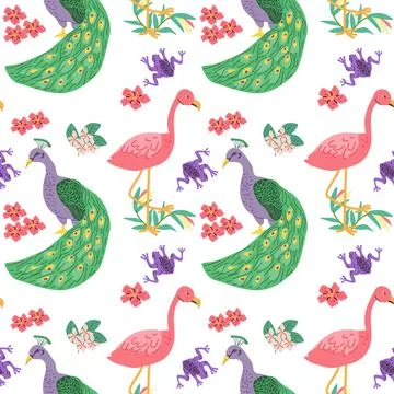Tropical birds pattern peacock and flamingo, frog and orchid flowers. Stock Illustration