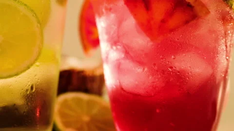 Tropical blended fruit smoothies. Pineapple, orange, coconut, lime, mint, ice Stock Footage 130744576