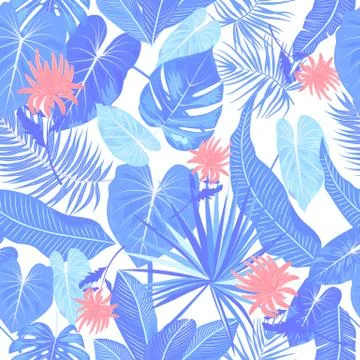 Tropical blue vector seamless pattern. Stock Illustration