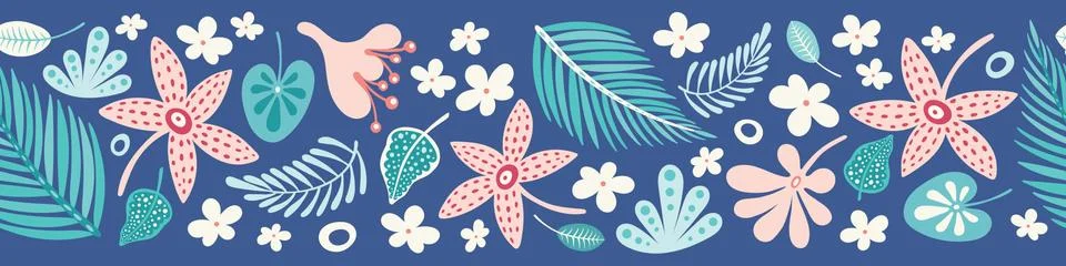 Tropical border pattern. Vector floral and leaf seamless repeat banner design. Stock Illustration