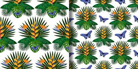 Tropical Bouquet seamless patterns set for textile prints Stock Illustration