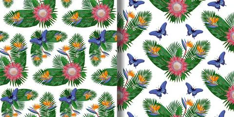 Tropical Bouquet seamless patterns set for textile prints Stock Illustration