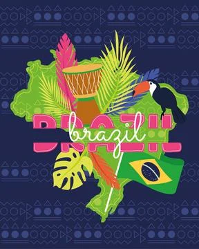 Tropical Brazil poster with map Vector Illustrazione stock