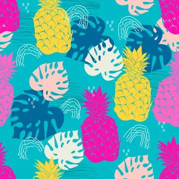 Tropical bright summer seamless pattern with pineapples, vector. Stock Illustration