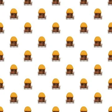 Tropical bungalow huts repeating pattern for summer design 스톡 일러스트