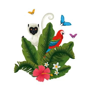Tropical capuchin monkey and parrot in leafs palms 스톡 일러스트