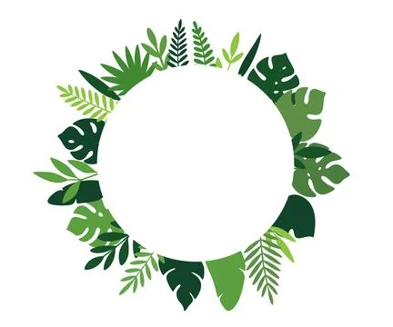 Tropical circular frame with green jungle leaves. Botanical wreath design for Stock Illustration