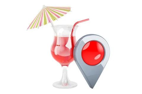 Tropical cocktail with map pointer, 3D rendering Illustrazione stock