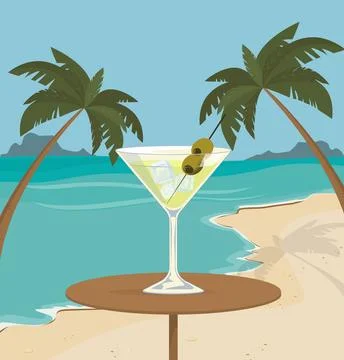 Tropical cocktail standing on table overlooking sandy beach and ocean Ilustração Stock