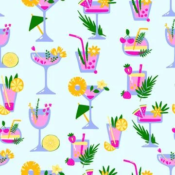 Tropical cocktails seamless pattern. Drinks, soda, juice Stock Illustration