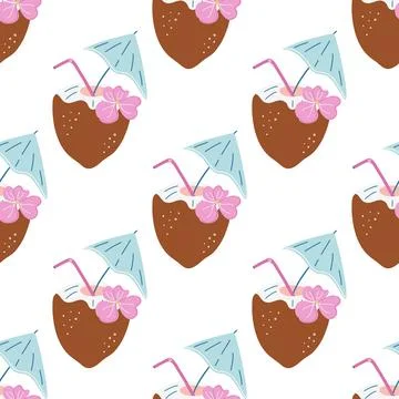 Tropical coconut drink seamless pattern. Sweet Summer cocktail. Stock Illustration