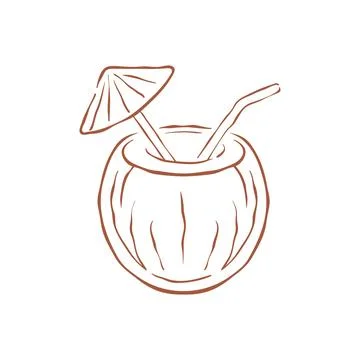A Tropical Coconut Shell Drink With A Straw And Umbrella Vector Illustration Stockillustratie