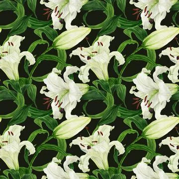 Tropical dark green seamless pattern with white lily 스톡 일러스트