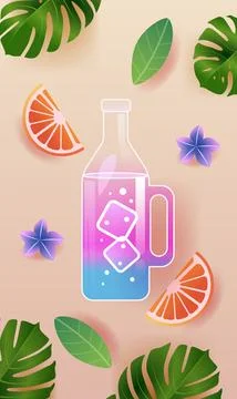 Tropical drink bottle with ice cubes surrounded by green leaves orange slices Stock Illustration