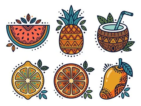 Tropical Drink Folk Art Bundle Vector Illustration Stock Illustration