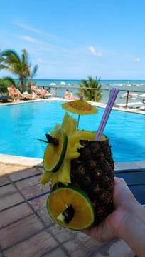 Tropical drink served inside a pineapple by the pool with a paradise ocean view. Stock Photos