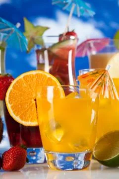 Tropical drinks on beach Stock Photos