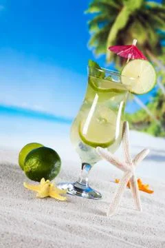 Tropical drinks on beach Stock Photos