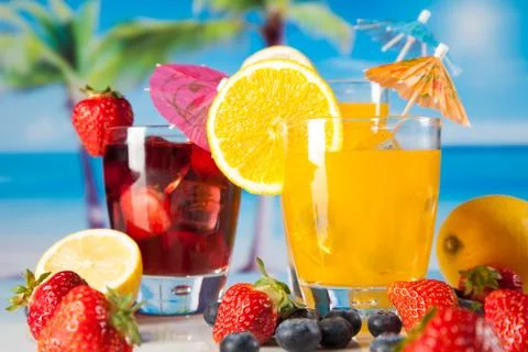 Tropical drinks on beach Stock Photos