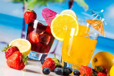 Tropical drinks on beach Stock Photos