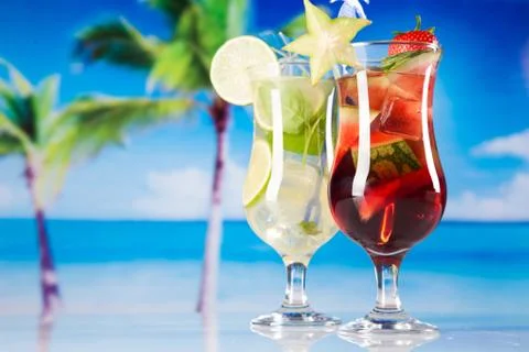 Tropical drinks on beach Stock Photos
