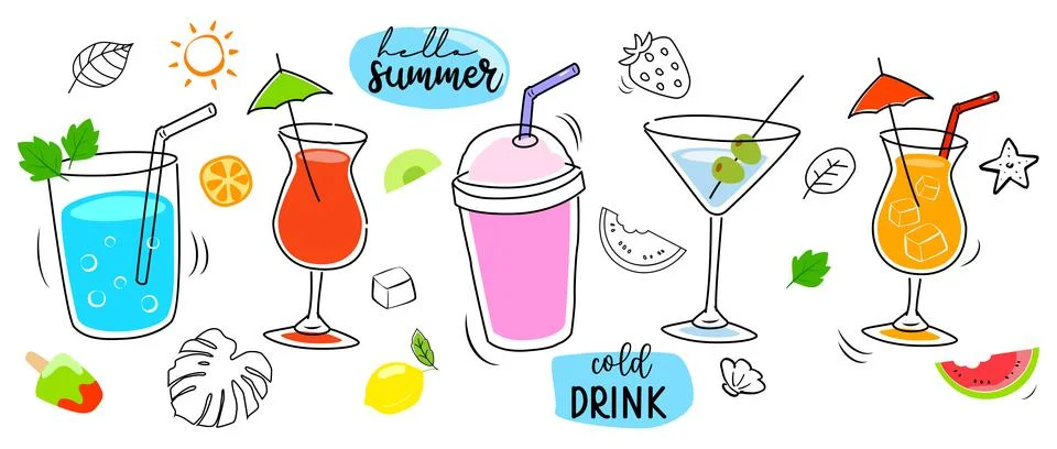 Tropical drinks summer set menu. Cold drinks with hand drawn illustration. .. Stock Illustration