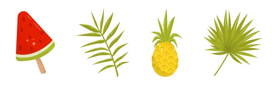 Tropical Elements with Pineapple, Ice Cream and Green Leaf Vector Set 스톡 일러스트