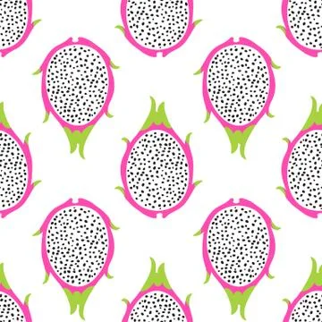 Tropical exotic dragon fruit vector seamless pattern. Background with pitaya for Stock Illustration