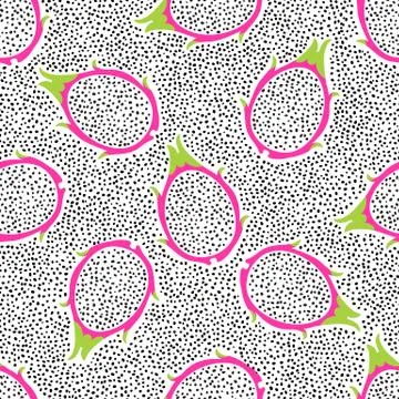 Tropical exotic dragon fruit vector seamless pattern. Background with pitaya for Stock Illustration