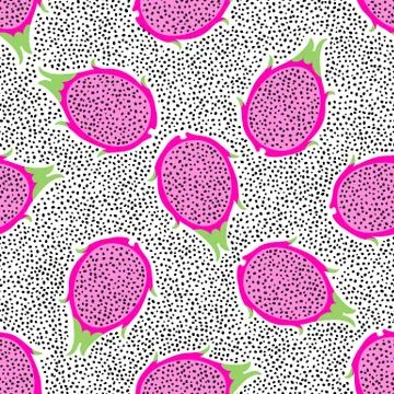 Tropical exotic dragon fruit vector seamless pattern. Background with pitaya for Stock Illustration