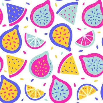 Tropical Exotic Fruit Pattern Fig Lemon Citrus Crayon Bg Texture Summer Vector Stock Illustration