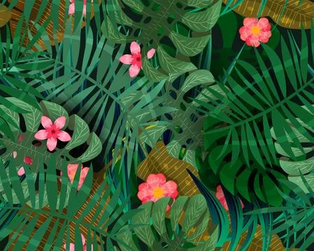 Tropical exotic seamless pattern background. Colorful jungle leaves Stock Illustration