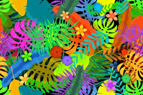 Tropical exotic Seamless pattern background. Colorful jungle leaves, flowers Stock Illustration